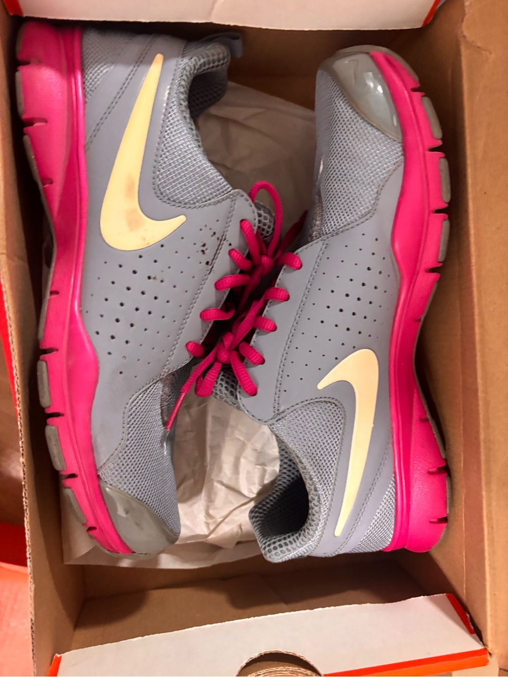 Nike Gray Sneakers with Pink Soles and Cream Swoosh